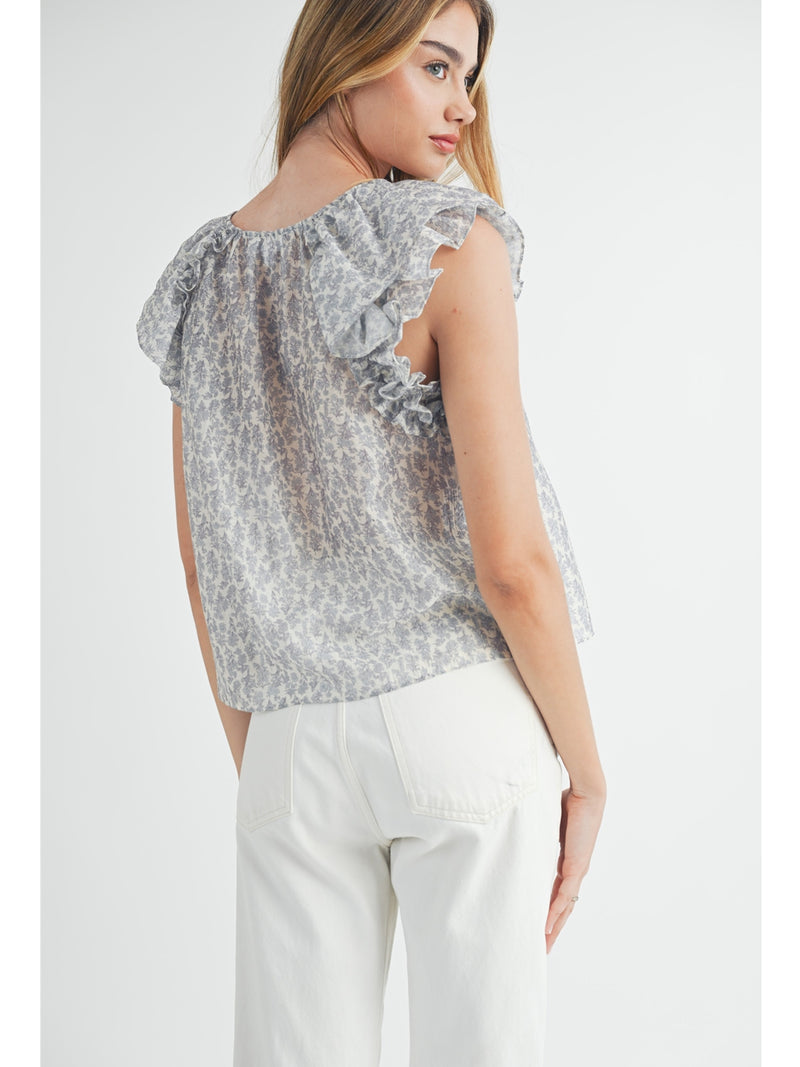 Mable Ditsy Floral Ruffle Top In Blue