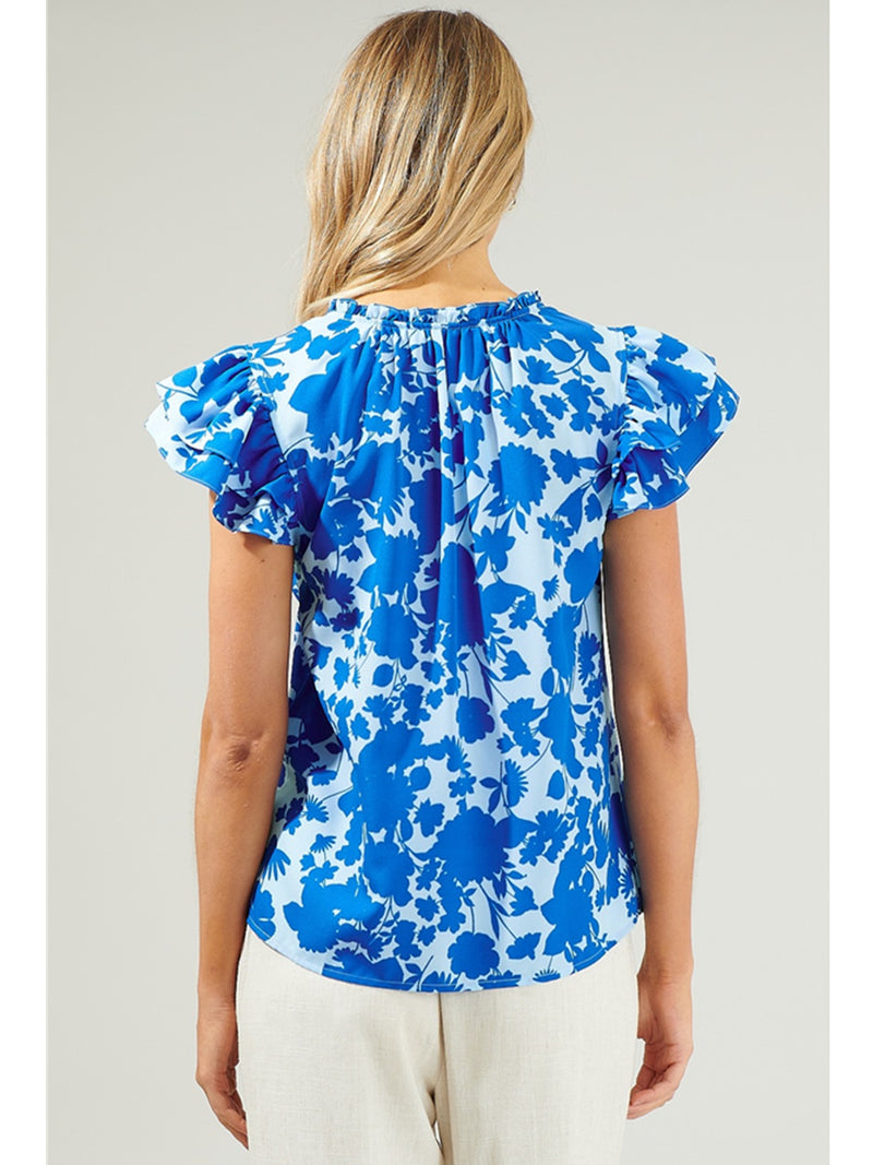 Sugarlips Marinelle Floral Ruffle Sleeve Top In Royal Blue