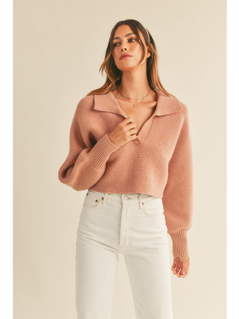 Mable Amaya Polo Collar Knit Top In Dusty Mauve