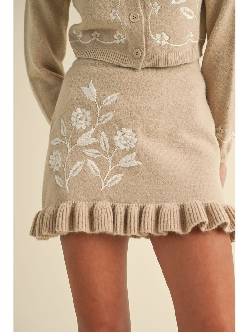 Mable Oslo Floral Embroidery Cardigan and Mini Skirt Set In Light Taupe