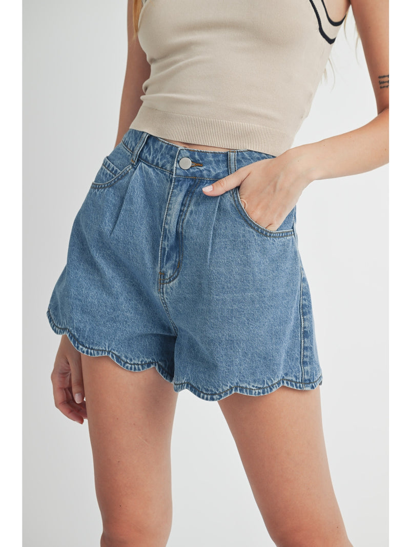 Mable Laurie Scalopped Denim Shorts In Medium Denim