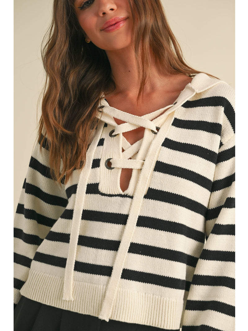 Miou Muse Blare Lace Up Sweater Top In Black Stripe