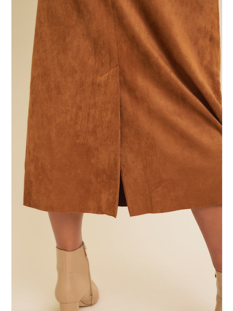 In February Bianca Suede Midi Skirt With Back Slit In Caramel