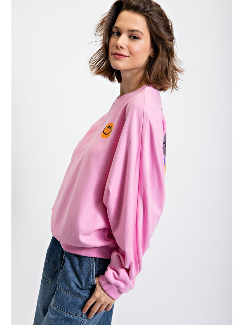 Easel Theo Happy Face Sweatshirt In Barbie Pink