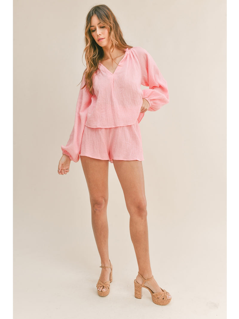 Mable Lila Ruffle Detail Neck Top And Shorts Set In Pink