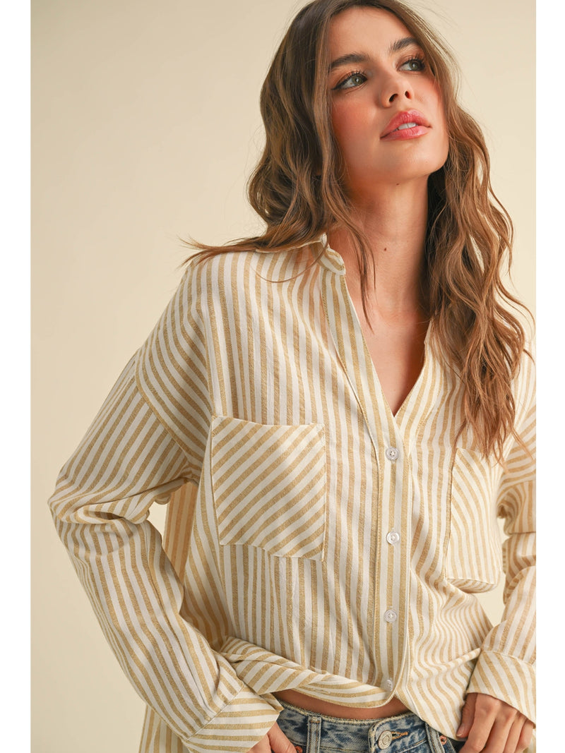 Miou Muse Kelly Striped Button Down Shirt In Mustard