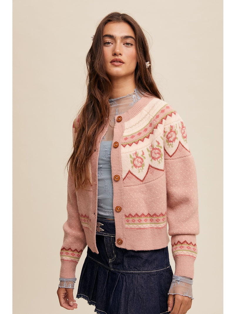 Listicle Annalee Vintage Flower Pattern Crew Neck Knit Cardigan In Dusty Pink