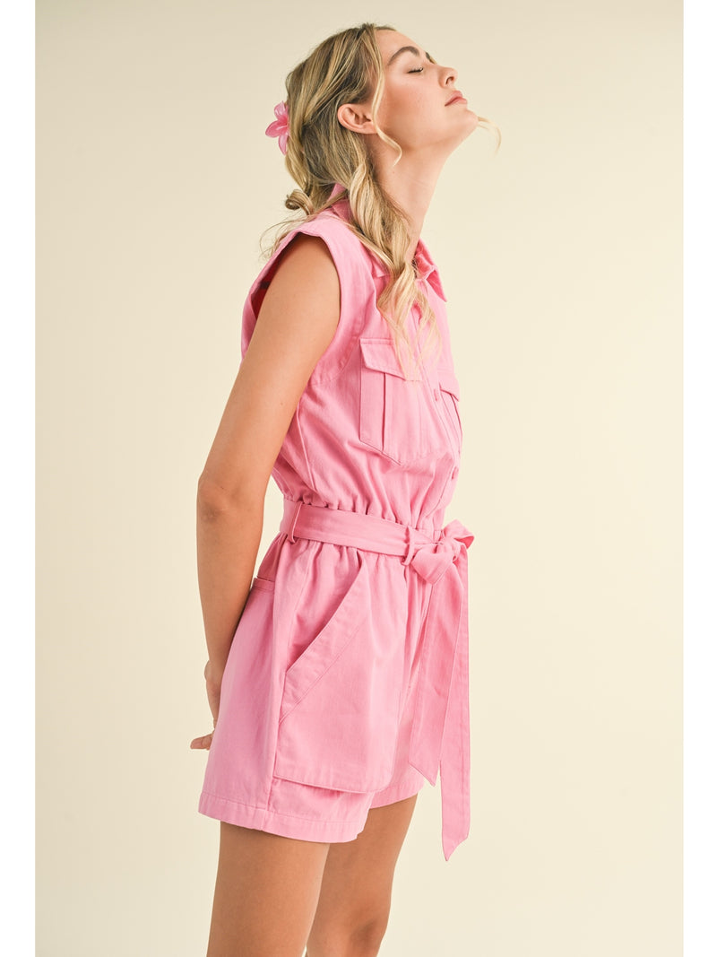 &Merci Verona Button Up Cargo Romper In Cool Pink