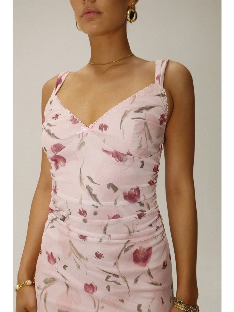 Bailey Rose Gaby Flower Mesh Midi Dress In Pink
