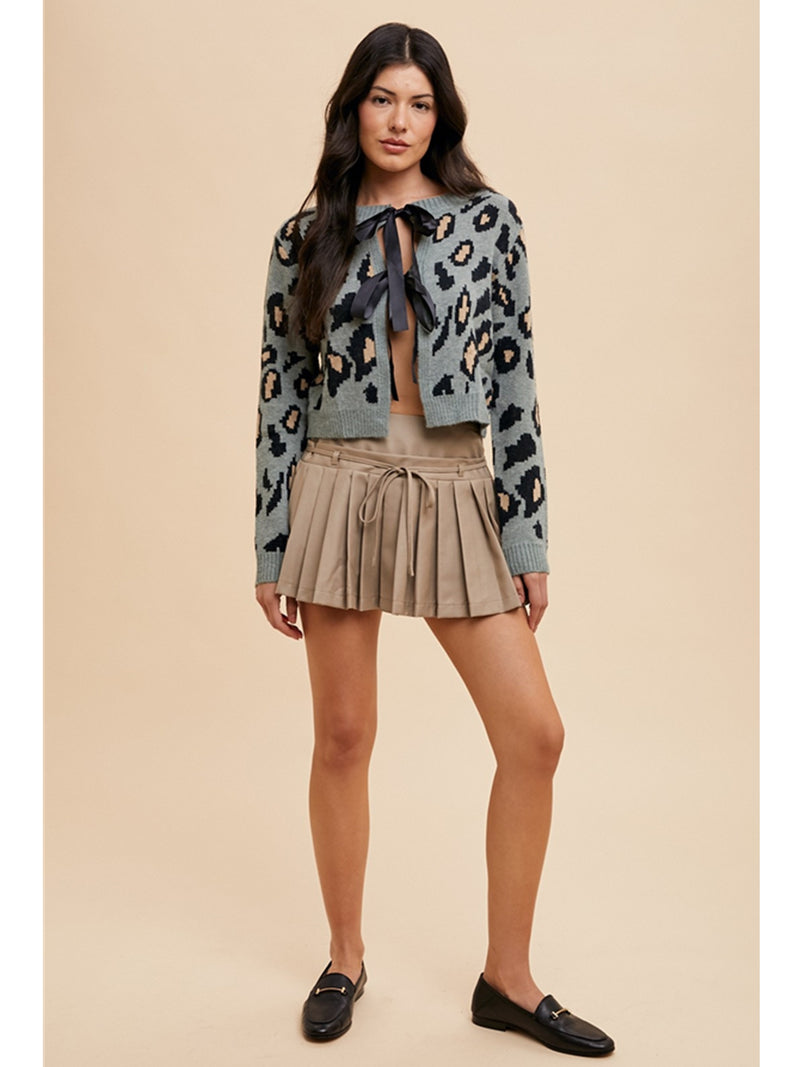 Anniewear Tie Front Leopard Sweater Cardigan In Blue Grey