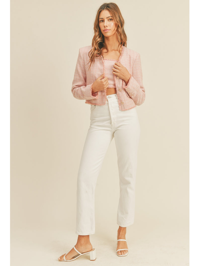 Mable Jasmine Tweed Crop Jacket And Crop Top Set In Pink