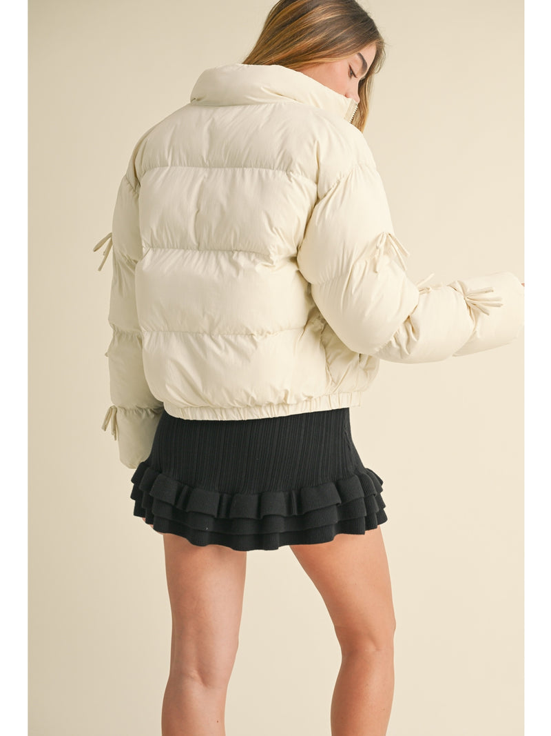 Mable Bianca Puffer Jacket With Ribbon Bow In Ecru