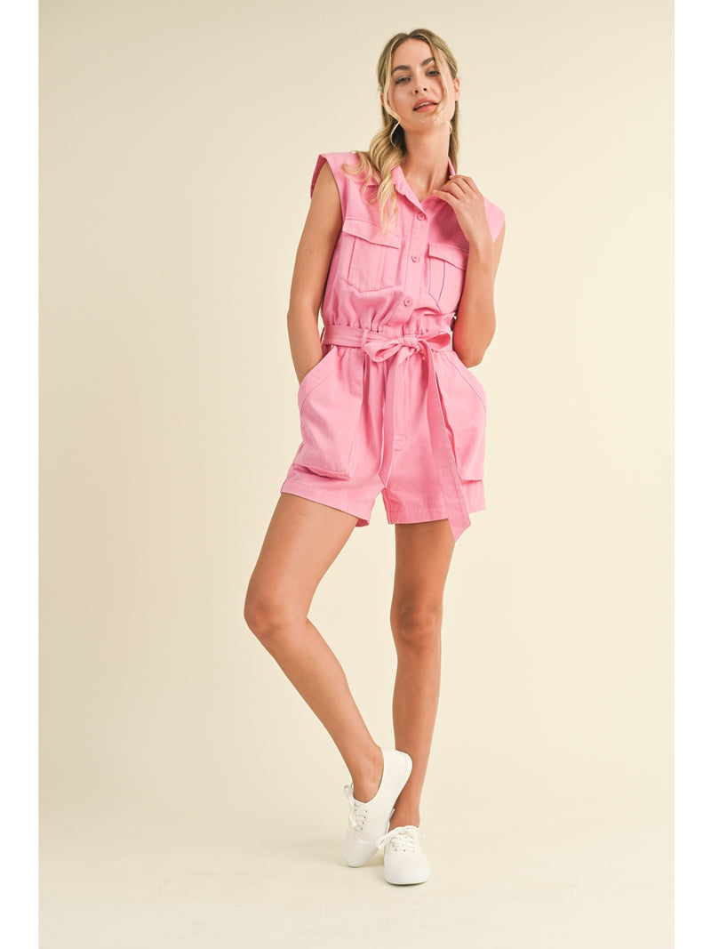 &Merci Verona Button Up Cargo Romper In Cool Pink