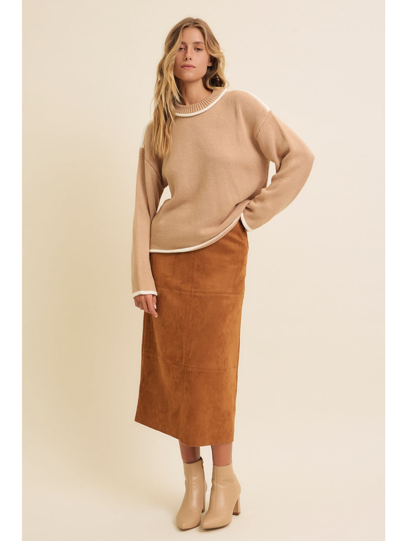 In February Bianca Suede Midi Skirt With Back Slit In Caramel