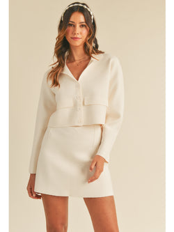 Mable Ayden Button Down Knit Jacket Mini Skirt Set In Cream