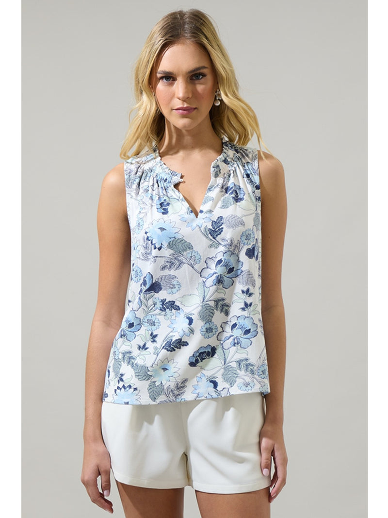 Sugarlips Wrenley Garden Floral Blouse In White Blue