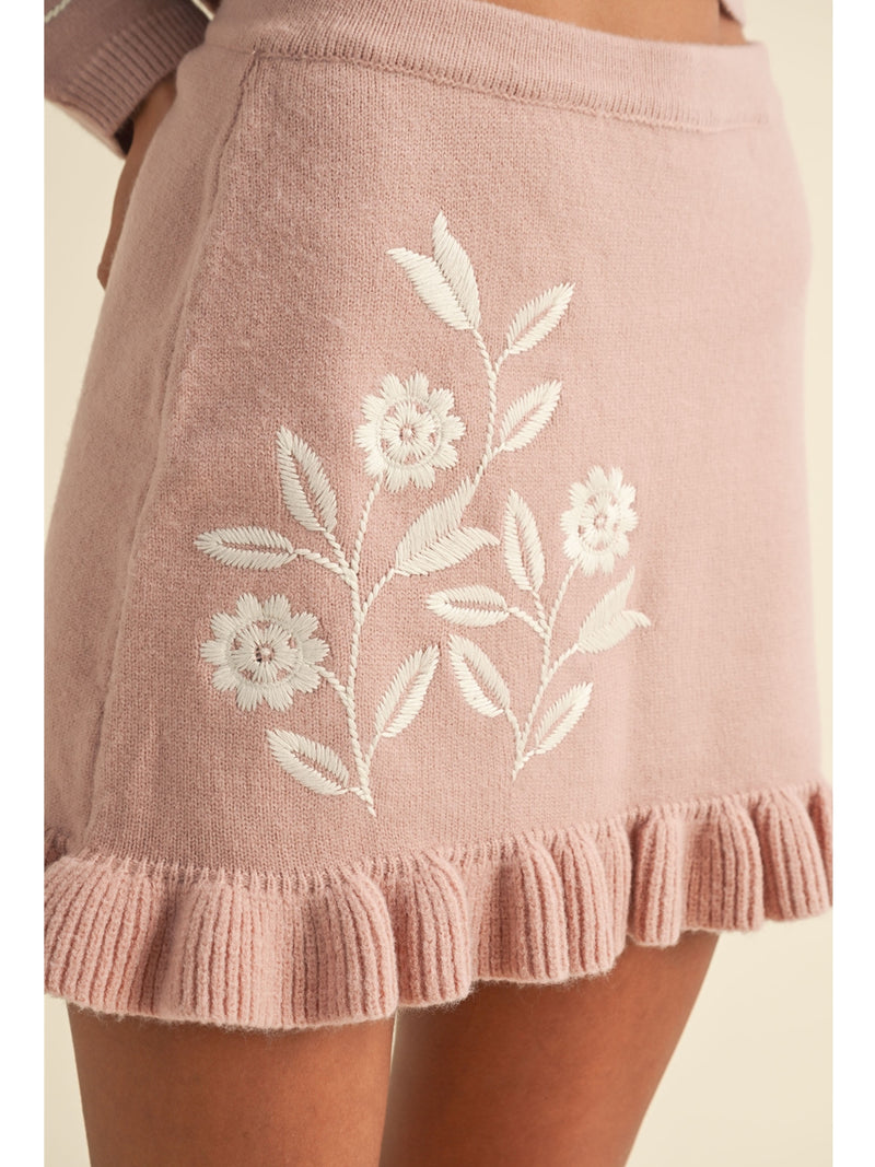 Mable Oslo Floral Embroidery Cardigan and Mini Skirt Set In Rose