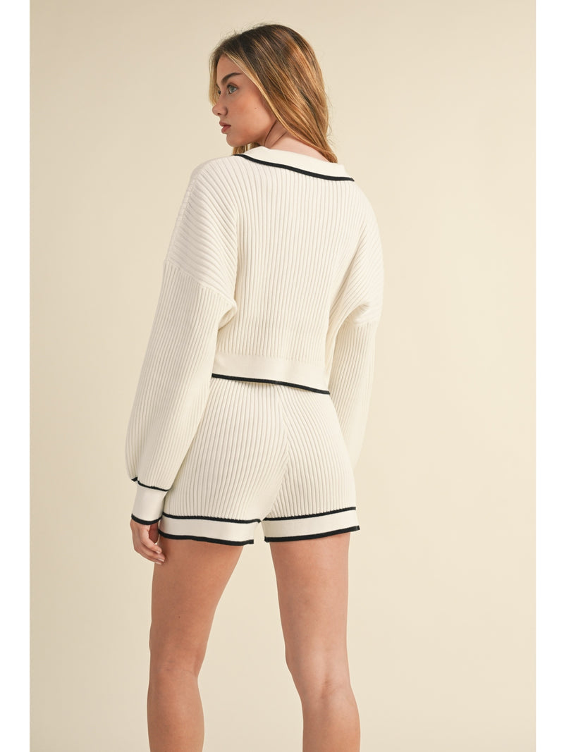 Mable Cornelia Collared Contrast Knit Crop Top and Shorts Set In Off White