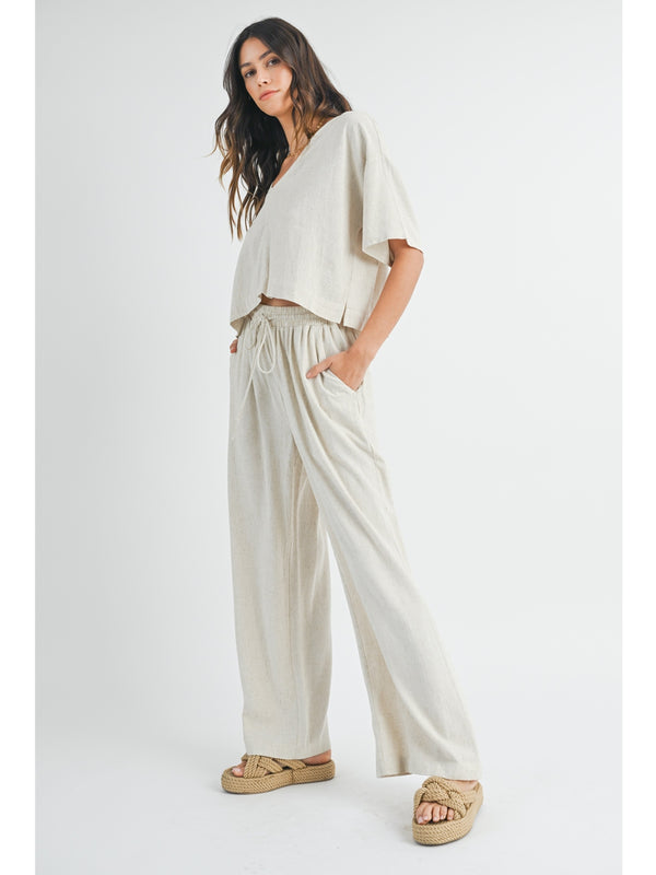 Mable Flint Vneck Top and Draw String Waist Pant Set In Oatmeal