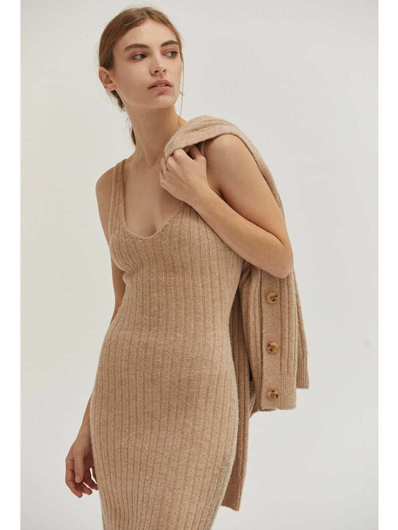 Crescent Yara Ribbed Sweater Dress Two Piece Set In Beige