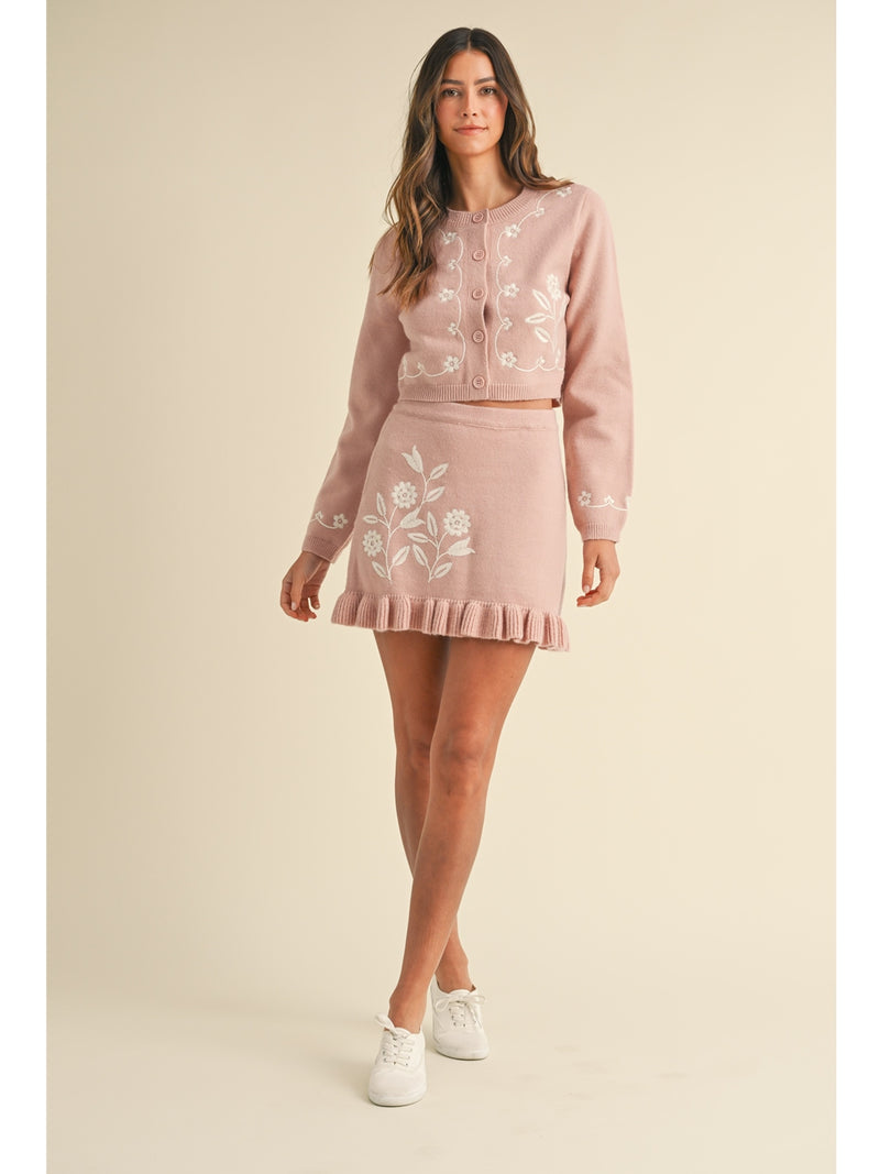 Mable Oslo Floral Embroidery Cardigan and Mini Skirt Set In Rose