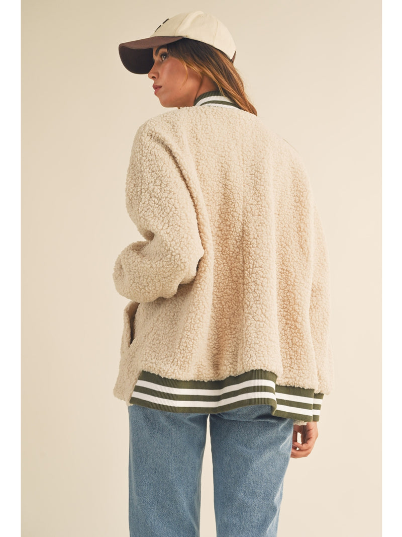 Mable Parker Fluffy Sheared Varsity Jacket In Light Taupe