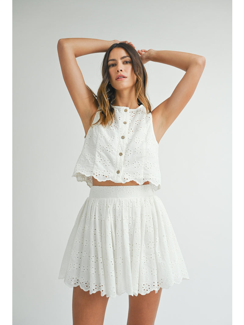 Mable Astra Eyelet Lace Scalloped Top and Mini Skirt Set In Off White