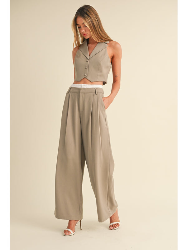 Mable Connie Vest and Contrast Waistband Wide Leg Trouser Set In Mocha