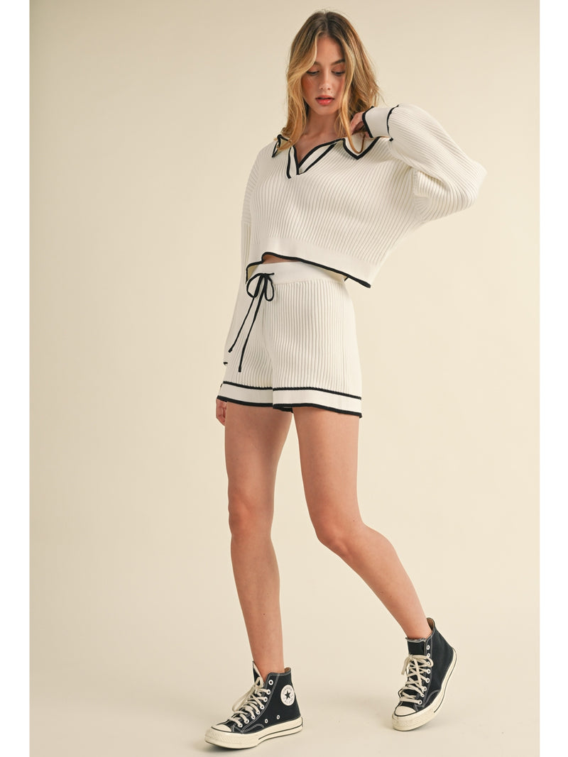 Mable Cornelia Collared Contrast Knit Crop Top and Shorts Set In Off White