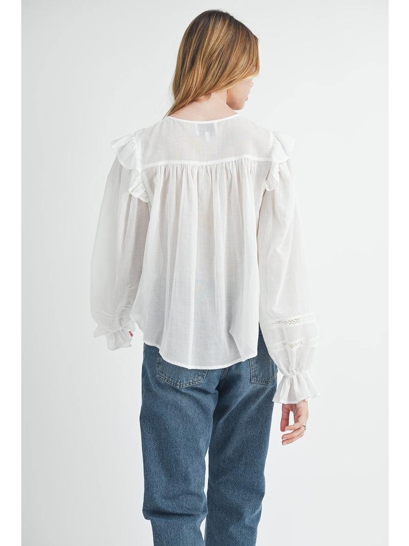 Mable Braylen Ruffle Shoulder Button Front Blouse In Off White