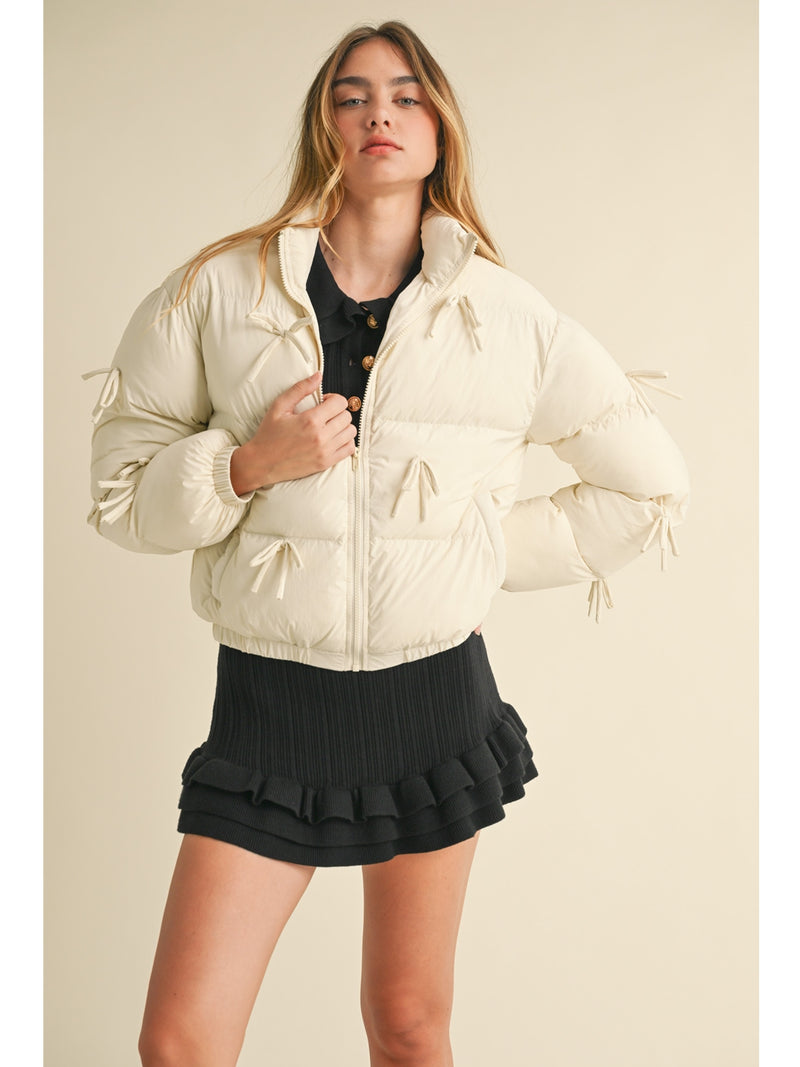 Mable Bianca Puffer Jacket With Ribbon Bow In Ecru