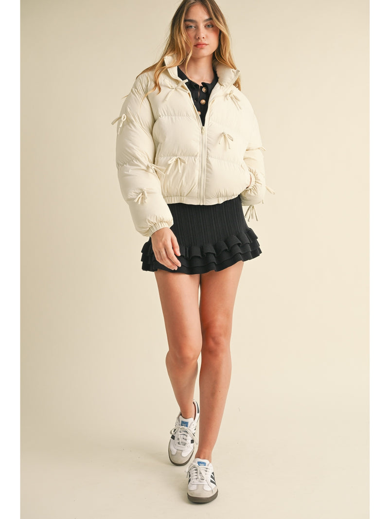 Mable Bianca Puffer Jacket With Ribbon Bow In Ecru