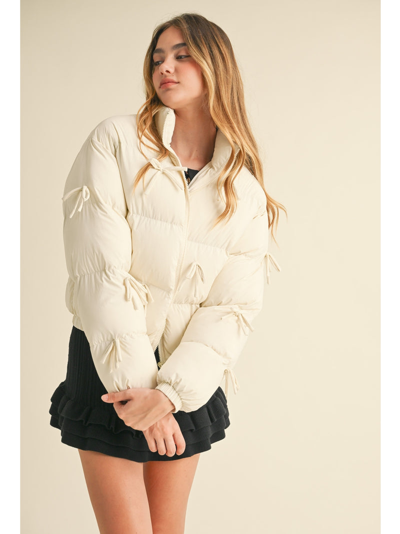 Mable Bianca Puffer Jacket With Ribbon Bow In Ecru