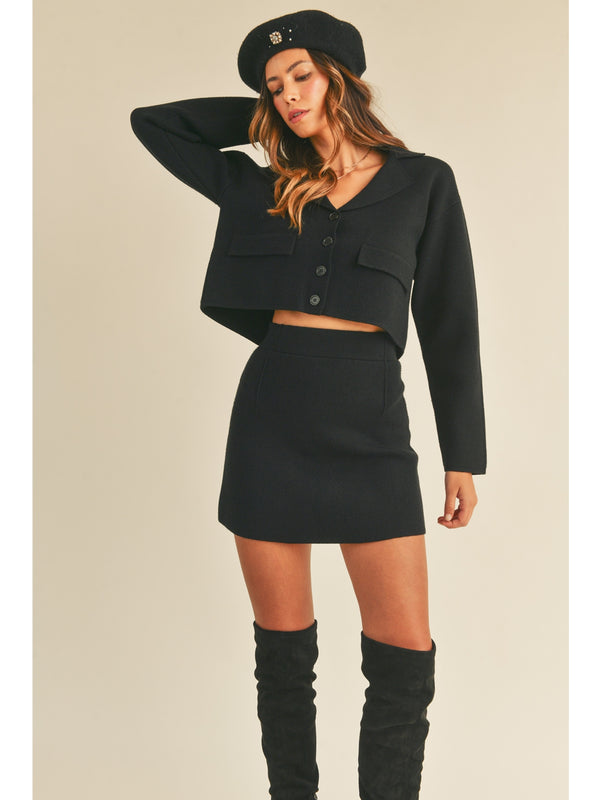 Mable Ayden Button Down Knit Jacket Mini Skirt Set In Black