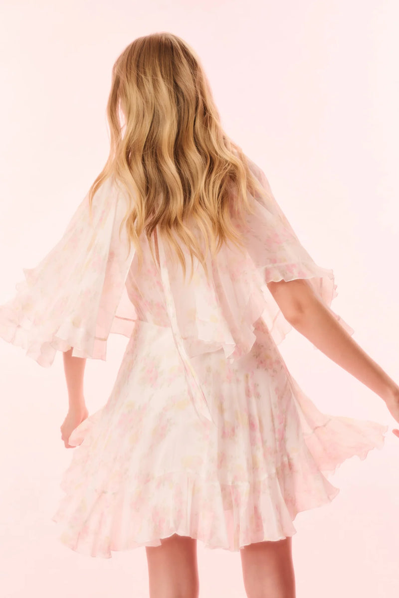 LoveShackFancy Avaline Floral Chiffon Mini Dress White Peach