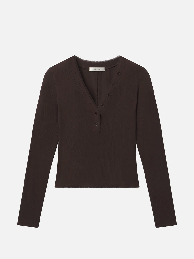 Frame Mesh Trim Rib Henley in Coffee Heather