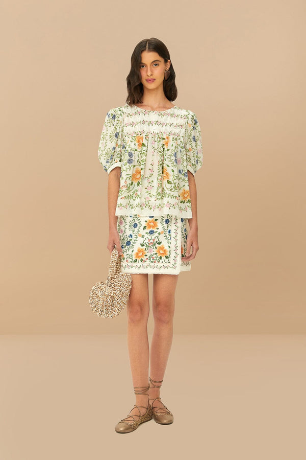 Farm Rio Scoop Neck Blouse Folk Floral Off White