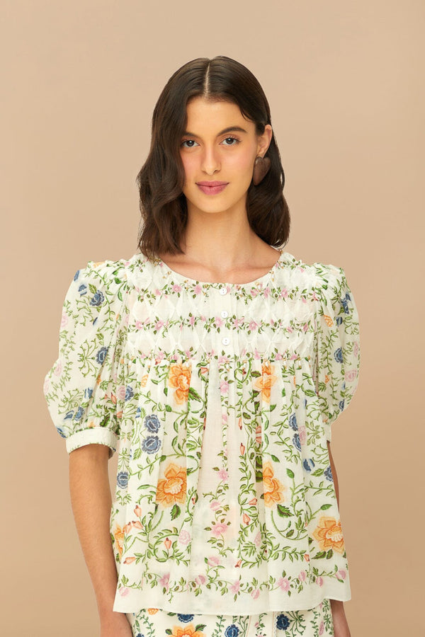 Farm Rio Scoop Neck Blouse Folk Floral Off White