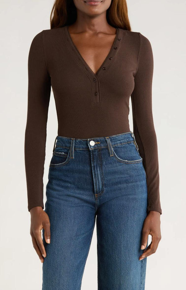 Frame Mesh Trim Rib Henley in Coffee Heather