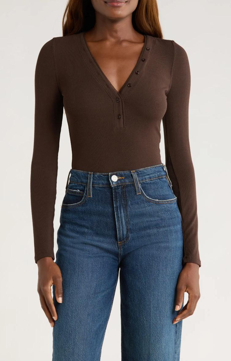 Frame Mesh Trim Rib Henley in Coffee Heather