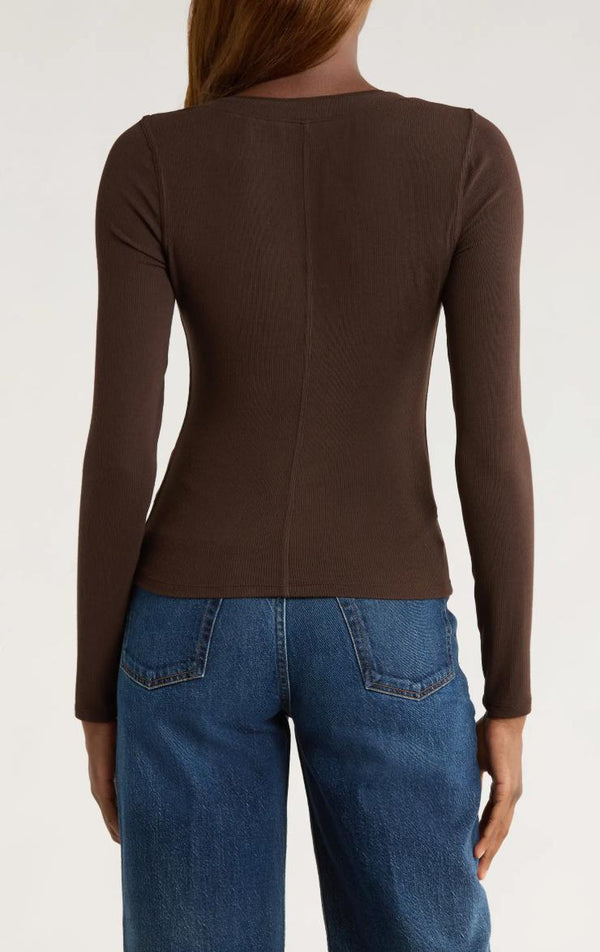 Frame Mesh Trim Rib Henley in Coffee Heather